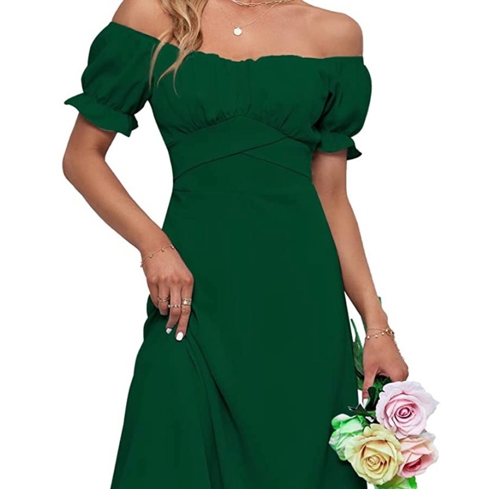 LYANER | Off Shoulder Wrap Ruffle Puff Short Sleeve Ruched Tie Back Dress